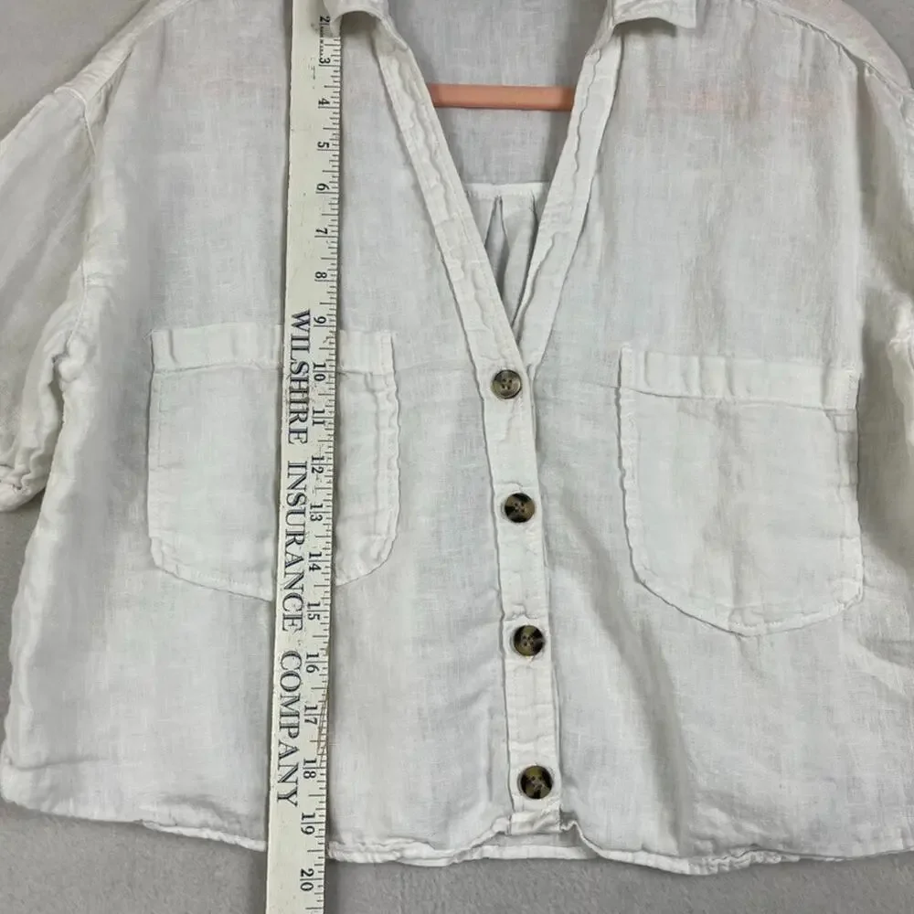 Zara Button Front White Blouse Women's Small Linen Puff Sleeve Sheer Relaxed